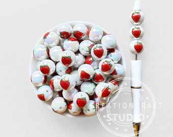 16mm Strawberry Print Iridescent Round Acrylic Beads Bulk,DIY Beadable Pen Keychain