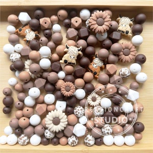 Highland Cow And Sunflower Focal Mix, Silicone Beads Bulk, Western Assorted Beads, 162Pcs Loose Beads Bundle