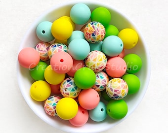 Vente en gros Perles rondes en silicone, 12/15 mm, pour la fabrication de bijoux, Perles imprimées en silicone, Collier bricolage, Bracelet, Mélange de perles en vrac
