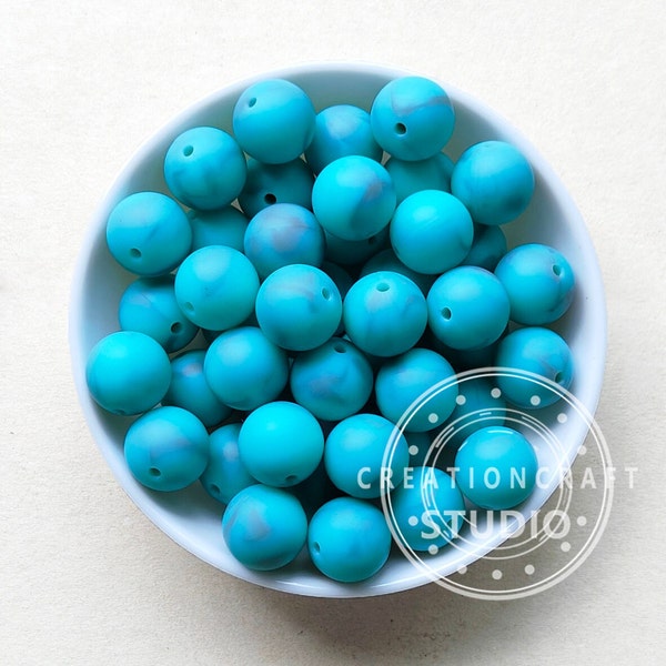 Silicone Beads Bulk, 15mm Turquoise Marble Silicone Round Beads, Pearls Ball