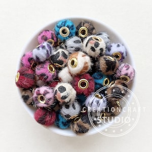 15mm Leopard Plush Beads, Plush Furry Large Hole Spacer Beads, Mix Color Spacer Beads