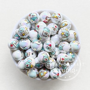 Medical Beads,16mm Acrylic Gumball Beads,Bubblegum Beads,Print Acrylic Beads,Nurse Badge Reel Beads