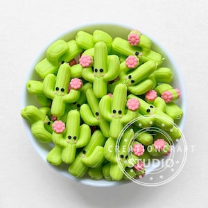 Pode incluir: Uma tigela cheia de pingentes em forma de cacto verde e rosa. Os pingentes têm rostos sorridentes e flores rosa.