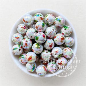 Christmas Print Acrylic Beads, Bubblegum Beads, 16mm Iridescent Round Beads, Acrylic Gumball Beads