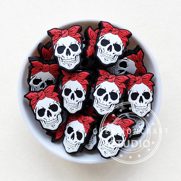 Skull with Bow Silicone Focal Beads, Wholesale Halloween Beads