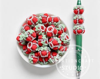 Beflockte rote Acrylperlen mit Herz-Schleife, Strassperlen für DIY-Schmuck