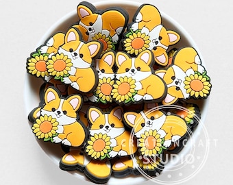 Bulk Corgi with Sunflower Animal Beads,Dog Focal Shape Beads Necklace Making