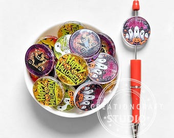 Happy Halloween Flat Round Acrylic Focal Bead,Spooky Ghost Pumpkin Beads