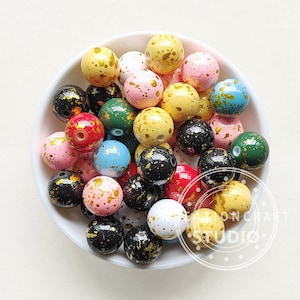 Gold Splatter Beads, Mix 16mm Gumball Beads, Acryl Beads, Bubblegum Beads