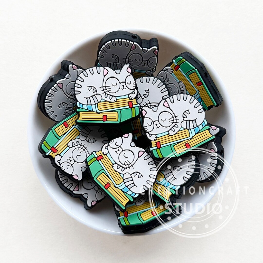 Cat Sleeping on Books Beads, Cat and Books Silicone Focal Beads,loose ...