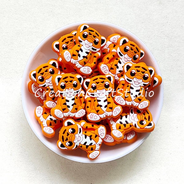 Perles de silicone de tigre orange, 23 * 29mm, perles de silicone focales en gros, perles de forme de tigre