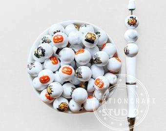 Halloween Pumpkin Ghost Print Acrylic Beads 16mm Assorted Loose Beads for Party Gift