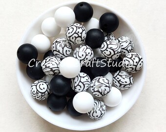 Perles imprimées en silicone, Perles de couleurs mélangées, Perles en silicone rondes de 12/15 mm, Respectueux de l'environnement, Vrac, Perles en silicone, Collier bricolage bijoux