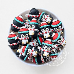 Cuentas de pingüino 3D para Navidad, cuentas de silicona, cuentas de invierno, joyería artesanal