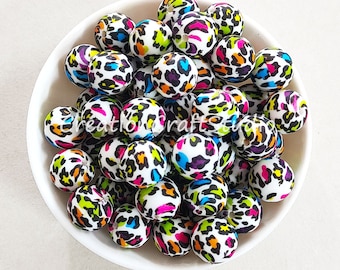 Cuentas de leopardo de colores, cuentas de silicona redondas de 12/15 mm, cuentas de silicona hexagonales de 14 mm, cuentas al por mayor, cuentas impresas, cuentas sueltas redondas
