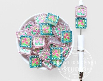Tulip Flower Print Square Charm Beads,Shimmer Floral Acrylic Loose Beads Bulk