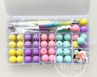 Kit de 56 cuentas de silicona surtidas, cuentas focales de Pascua, cuentas impresas, kit de bolígrafos para abalorios