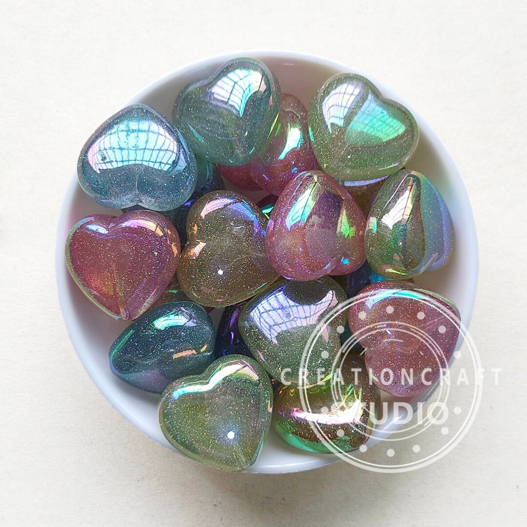 UV Heart Shaped Bubblegum Acrylic Beads, Mix Color Transparent Glitter ...