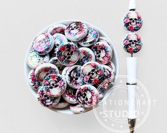 Rose Floral Skull Print Flat Round Acrylic Beads DIY Craft Pen Halloween Jewelry
