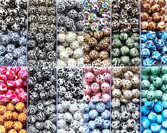Leopard Loose Beads, Bulk 12/15mm Round Print Silicone Beads, High Quality Beads, Wholesale Beads
