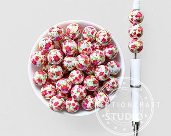 Iridescent Red Floral Blossom Print Round Beads,16mm Flower Beads for Keychain