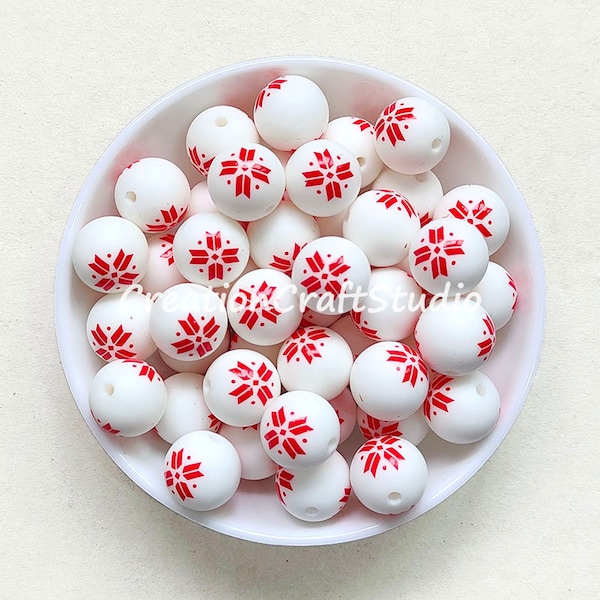 15mm Round Christmas Snowflake Silicone Beads, New Print Beads, Bulk Silicone Beads, DIY Necklace Craft Supplies