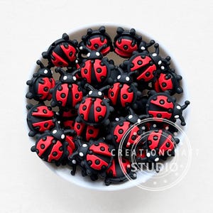 Op de afbeelding: Een kom gevuld met rood-zwarte lieveheersbeestjes-versieringen. Elk lieveheersbeestje heeft een rood lichaam met zwarte stippen en een zwarte kop en vleugels. Deze decoratieve items zijn waarschijnlijk voor knutsel- of verfraaiingsprojecten.