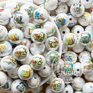 Schoolbag Print Acrylic Beads,16mm Round Loose Beads,Iridescent Gumball Beads,School Beads,DIY Beadable Pen