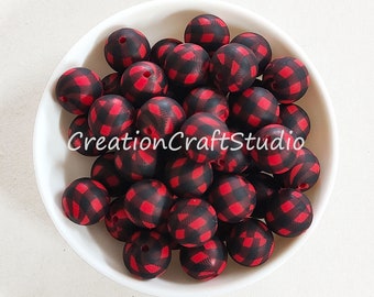 Red Black Plaid Silicone Beads, 14mm Hexagon Beads, 12/15mm Round Silicone Beads, Pearl Silicone Ball Shaped Beads, DIY Keychain Accessories