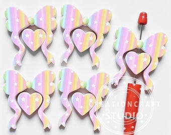 Colored Striped Star Print Bow & Heart Silicone Focal Beads Set for Beadable Pen,Bulk Beads