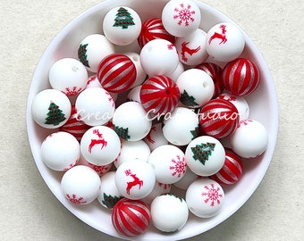 Venta al por mayor de cuentas navideñas surtidas de 15 mm, con forma de copo de nieve, reno, árbol de Navidad y globo (4 colores mezclados), de silicona suave, para llaveros DIY.