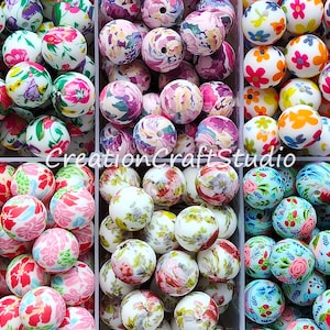 15mm Flower Printed Silicone Beads, Wholesale Beads, Round Silicone Beads