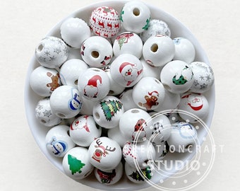 16mm Christmas Print Wood Beads, Mixed 50/100Pcs Wood Beads, Wooden Round Beads