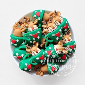 Novas contas de silicone 3D em formato de veado para caneca, enfeites de Natal, para caneta.