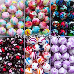 Wholesale 12/15mm Silicone Loose Beads, Silicone Ball, Print Round Silicone Beads, DIY Necklace Lanyard Keychain Jewelry Making