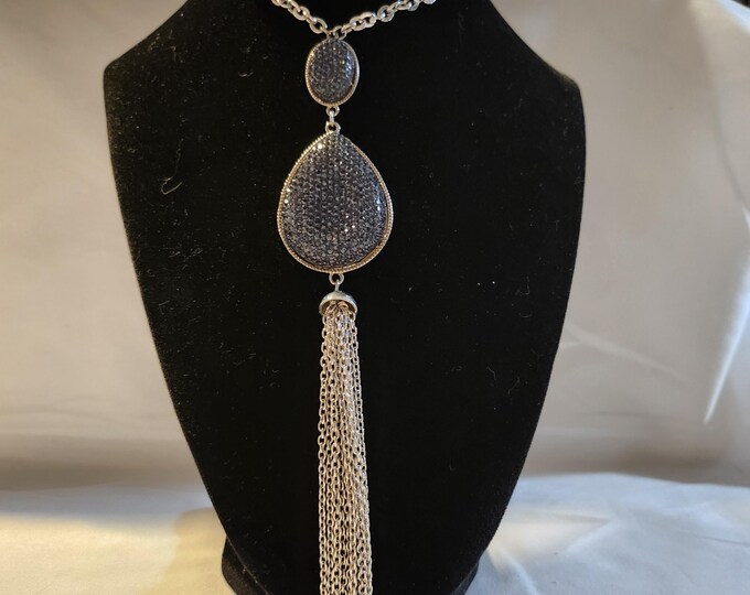 Silver Chain Necklace with Black Pavé Teardrop Pendant and Tassel Drop