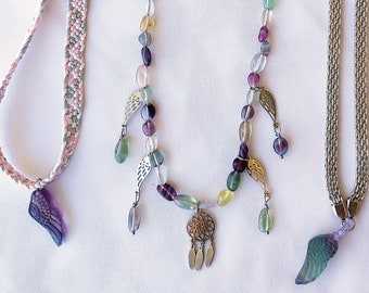 Rainbow Fluorite Carved Feather Wing Pendant Chokers