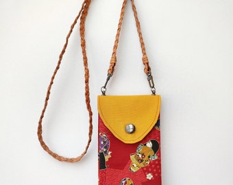 Mini Crossbody Bag, Fabric Phone Carrier Case, Red and Yellow Cellphone Pouch