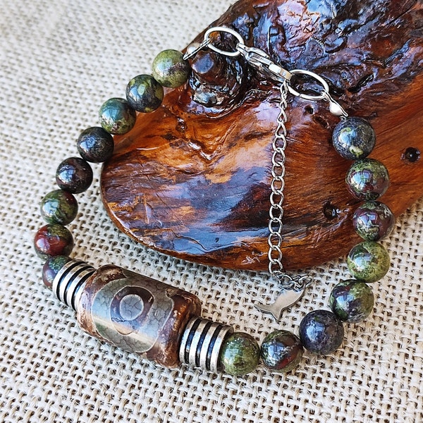 Unisex 3-Eye Dzi Bracelet with Dragon Blood Jasper Beads. Spiritual Stone Amulet.