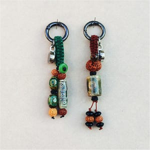 Dzi and Rudraksha Beads Car Charms. Nepal Amulet Hanging Ornaments. Hand-woven Gemstone Keychains