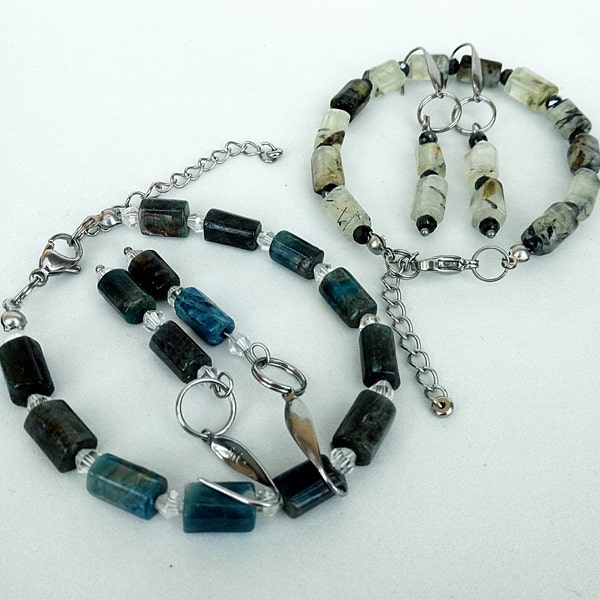 Apatite and Prehnite Column Beads Bracelet and Earrings Sets