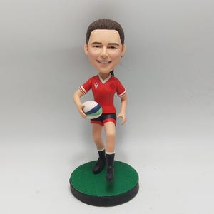 Rugby Player In Red Sportswear Custom Bobblehead With Engraved Text