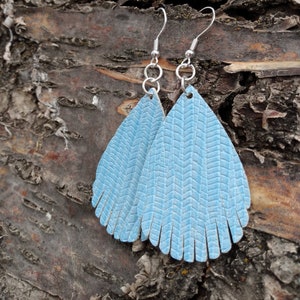 Leather Earrings - Light Blue Teardrop Fringe