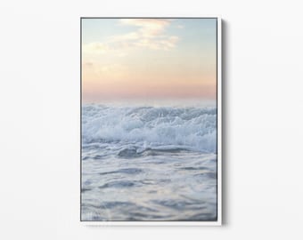 Nautical Wall Art Print for Beach House - Ocean Waves Photography - Pastel Colors - Moody Sunrise Canvas - Framed Canvas Print