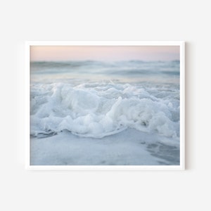 Pastel Ocean Waves Print: Soft Orange Sky Beach Photography