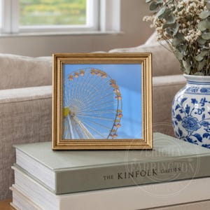 May include: A square, gold-framed picture featuring a Ferris wheel against a bright blue sky. The picture is resting on a stack of books, with a decorative vase and flowers in the background.