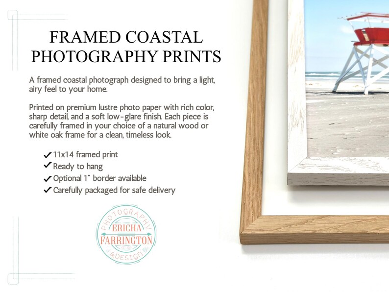 May include: Framed coastal photography prints. The image shows a framed photograph of a beach scene with a red lifeguard stand. The frame is natural wood and white oak. The text says "11x14 framed print".
