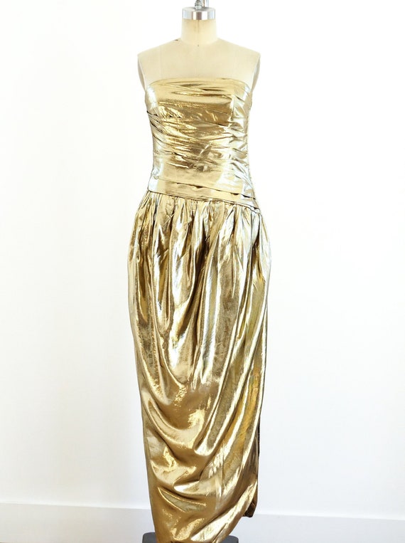 1980s Gold Lurex Strapless Gown