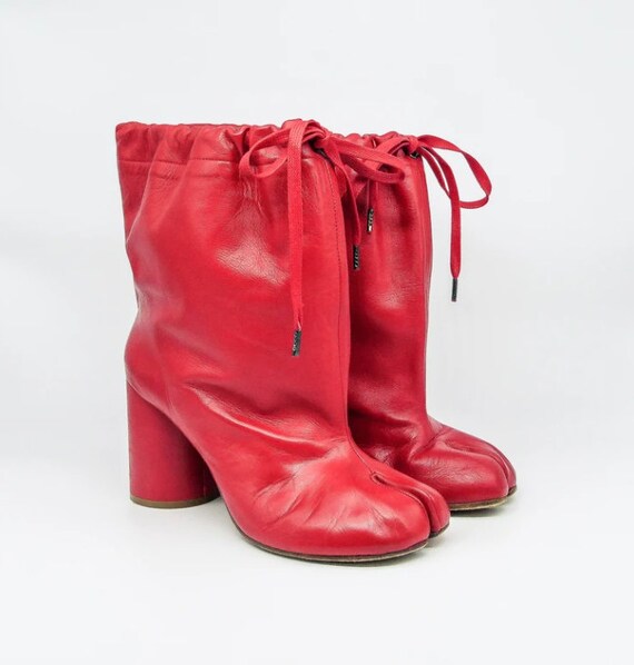 Margiela Red Leather Drawstring Tabi Boots, 39.5
