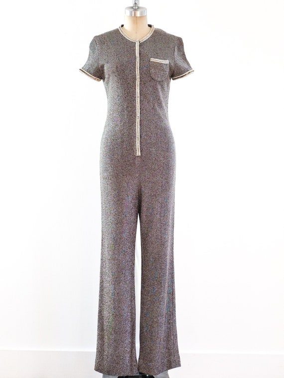 70s Silver Lurex Short Sleeve Knit Jumpsuit
